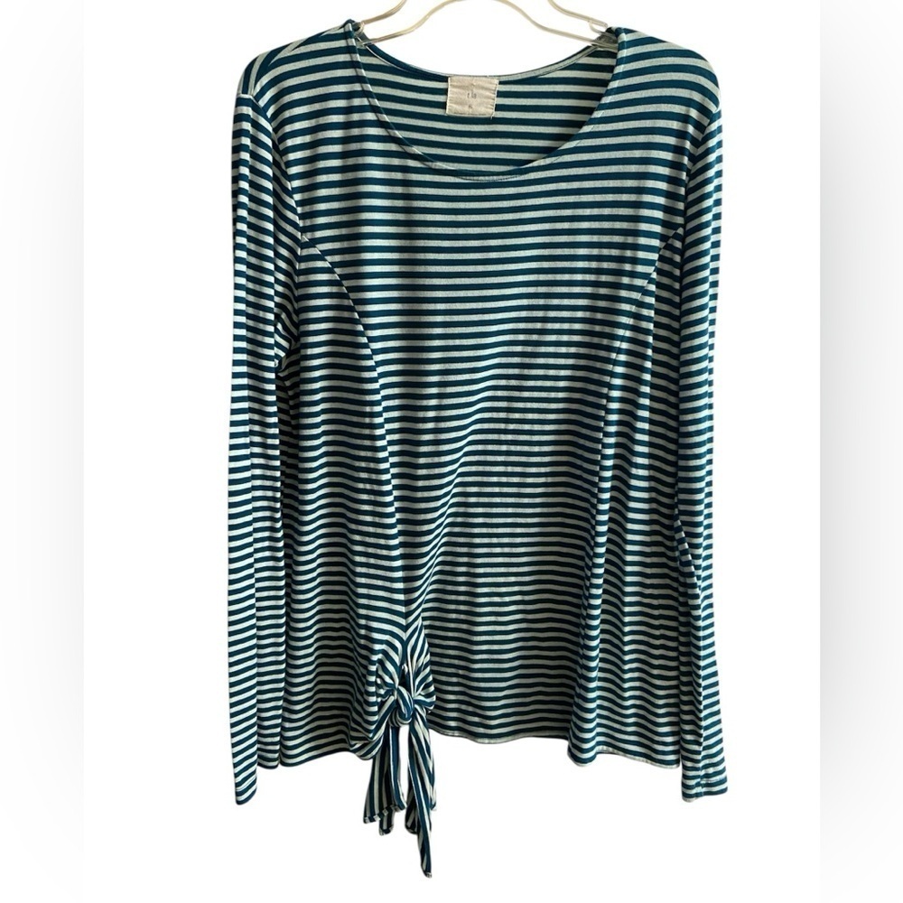 Anthropologie Barela Striped Tie Waist Crewneck Top Teal Green XL